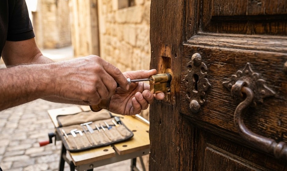 Cerrajero instalando cerradura de alta seguridad en puerta histórica de madera